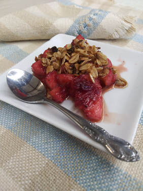 La Rhonda's Sweet Tart Applecrisp on a plaid napkin